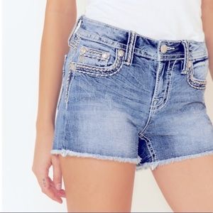 MISS ME Denim Brand Embellished Raw Edge Hem Jeans Shorts - Size 28